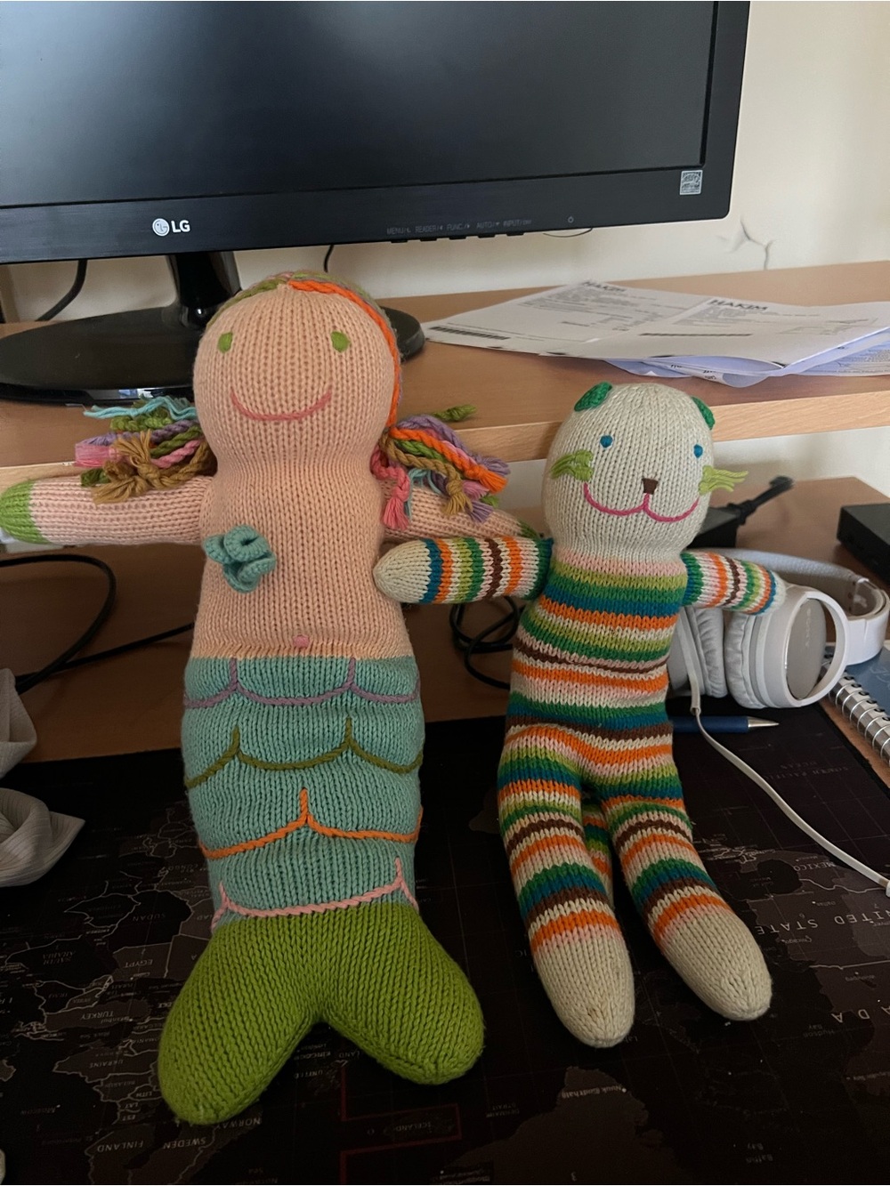 BLABLA Knit Mermaid and Striped Cat Plush Toys - Pink & Multi